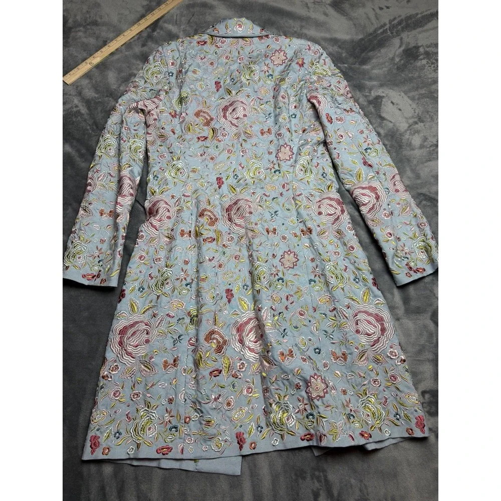 Johnny Was Biya 100% Silk Longline Floral Embroidered Coat Blue Vintage Small